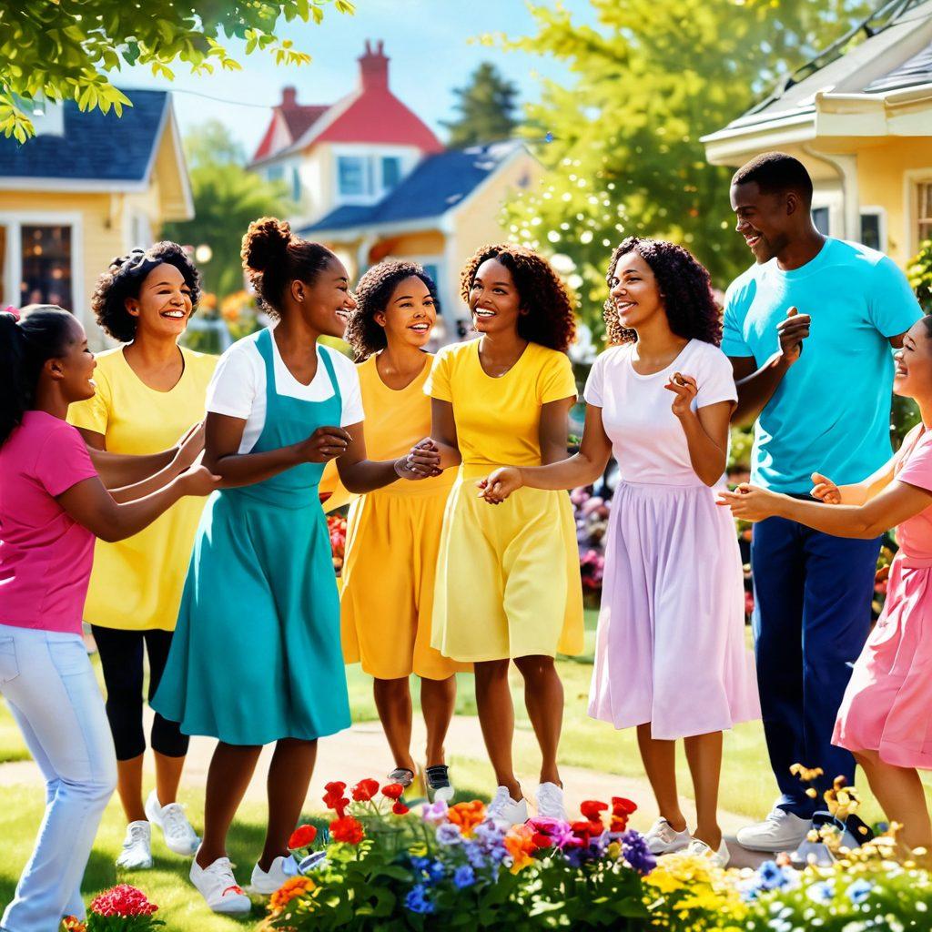 A vibrant community scene showcasing diverse people sharing joyful moments, engaging in group activities like painting, dancing, and gardening. Bright colors capture the essence of cheerfulness, with flowers blooming and rays of sunlight warming the atmosphere. Emphasize expressions of happiness and connection, including laughter and collaboration. super-realistic. vibrant colors. soft bokeh background.