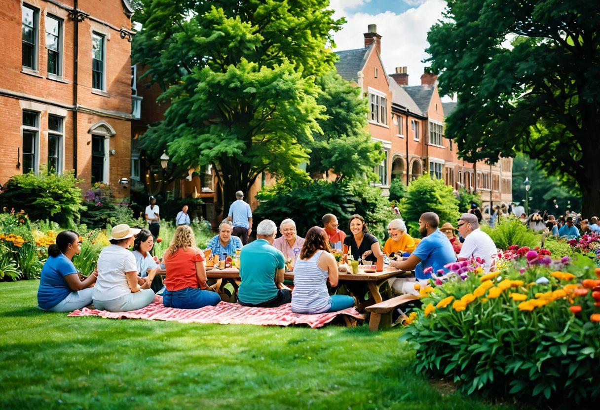 A vibrant and welcoming scene of a community gathering in Cambridge, showcasing diverse individuals sharing laughter and joy surrounded by lush greenery and colorful flowers. Include iconic Cambridge architecture in the background to emphasize location, with people engaging in activities like gardening, picnicking, and playing games. The atmosphere should radiate positivity and connection, illuminated by warm sunlight. super-realistic. vibrant colors. soft focus.