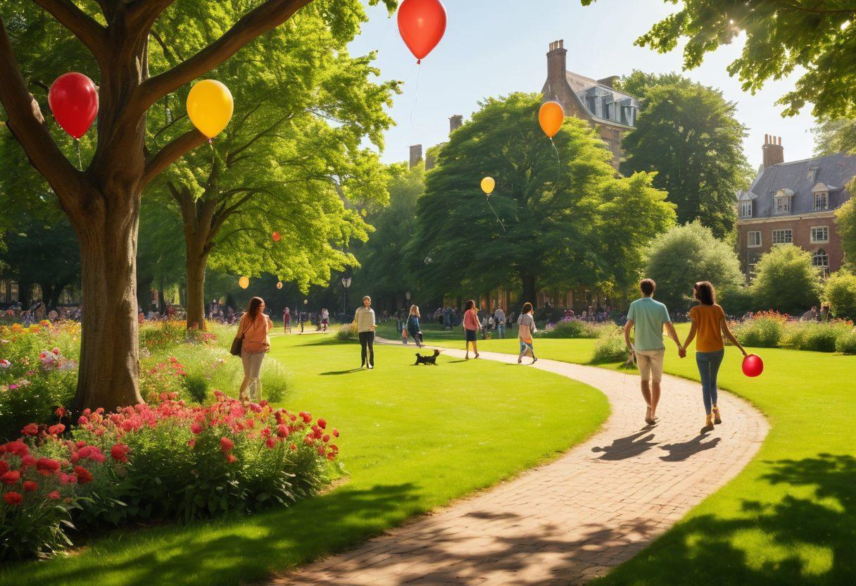 A warm and vibrant scene depicting a diverse group of people interacting joyfully in a lush green park in Cambridge, with blooming flowers and soft sunlight filtering through trees. Include elements symbolizing happiness like balloons, laughter, and playful pets to convey a sense of community and positivity. Stylishly incorporate the iconic Cambridge architecture in the background to give a local touch. super-realistic. vibrant colors. sunny atmosphere.